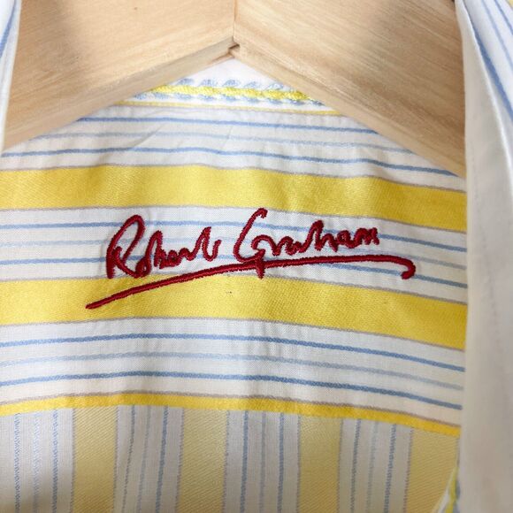 Robert Graham Embroidered Shirt Mens Small Yellow Striped Button Down Flip Cuff - Picture 7 of 16